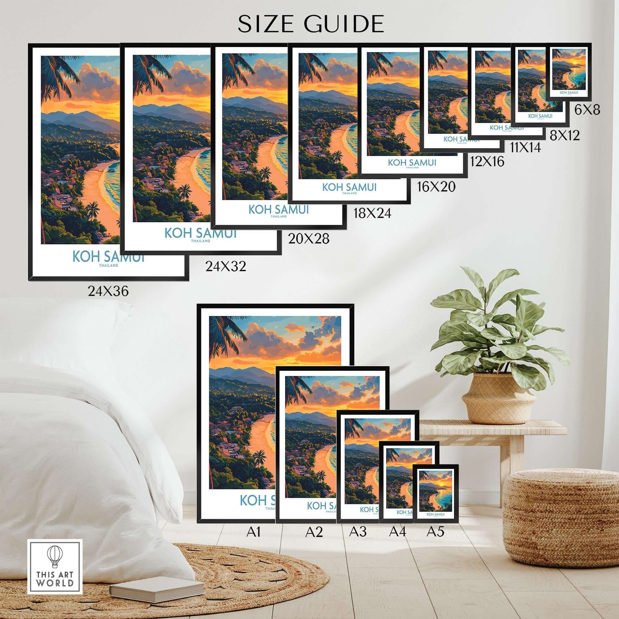 Koh Samui Poster size guide showcasing various frame sizes and vibrant tropical print for home decor.