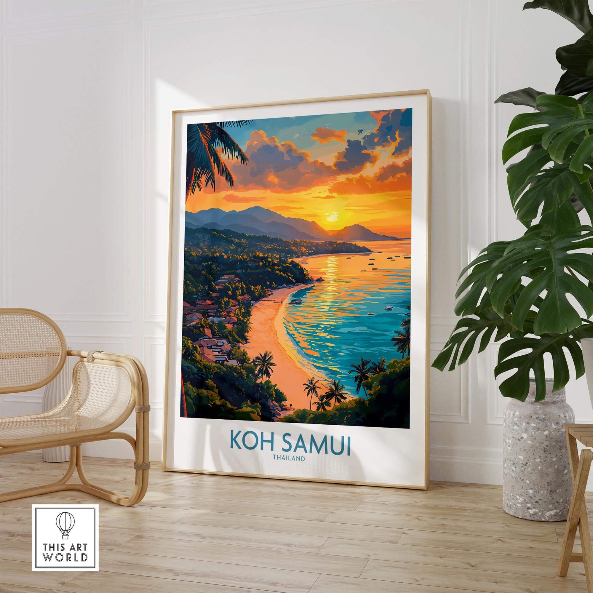 Koh Samui Poster featuring vibrant sunset over the tropical beach scenery of Koh Samui, Thailand.