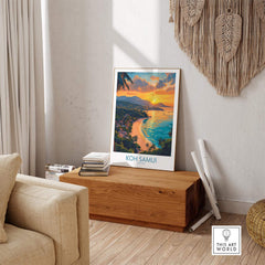Koh Samui Poster displayed in a cozy living room, showcasing vibrant scenery and tropical colors.