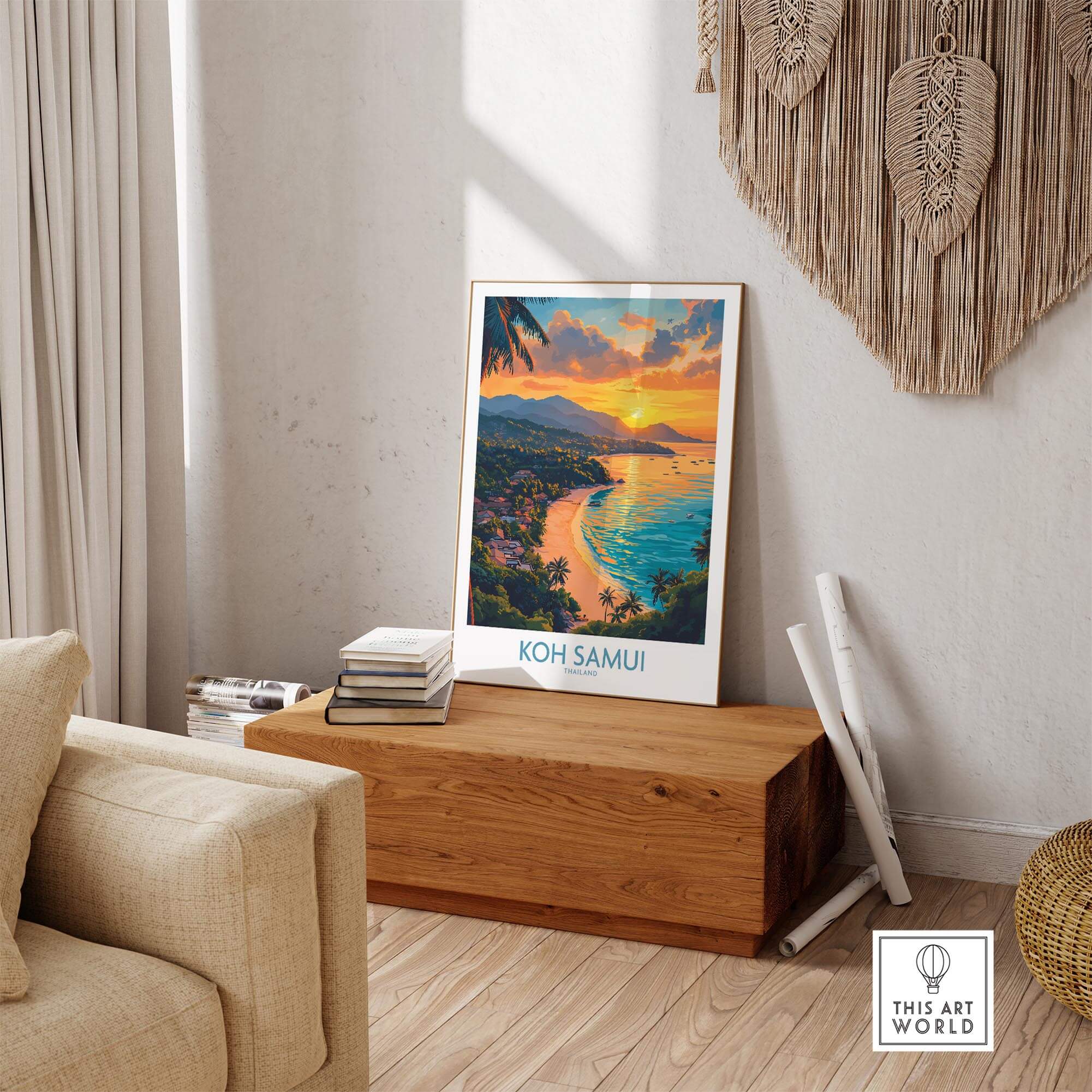 Koh Samui Poster displayed in a cozy living room, showcasing vibrant scenery and tropical colors.
