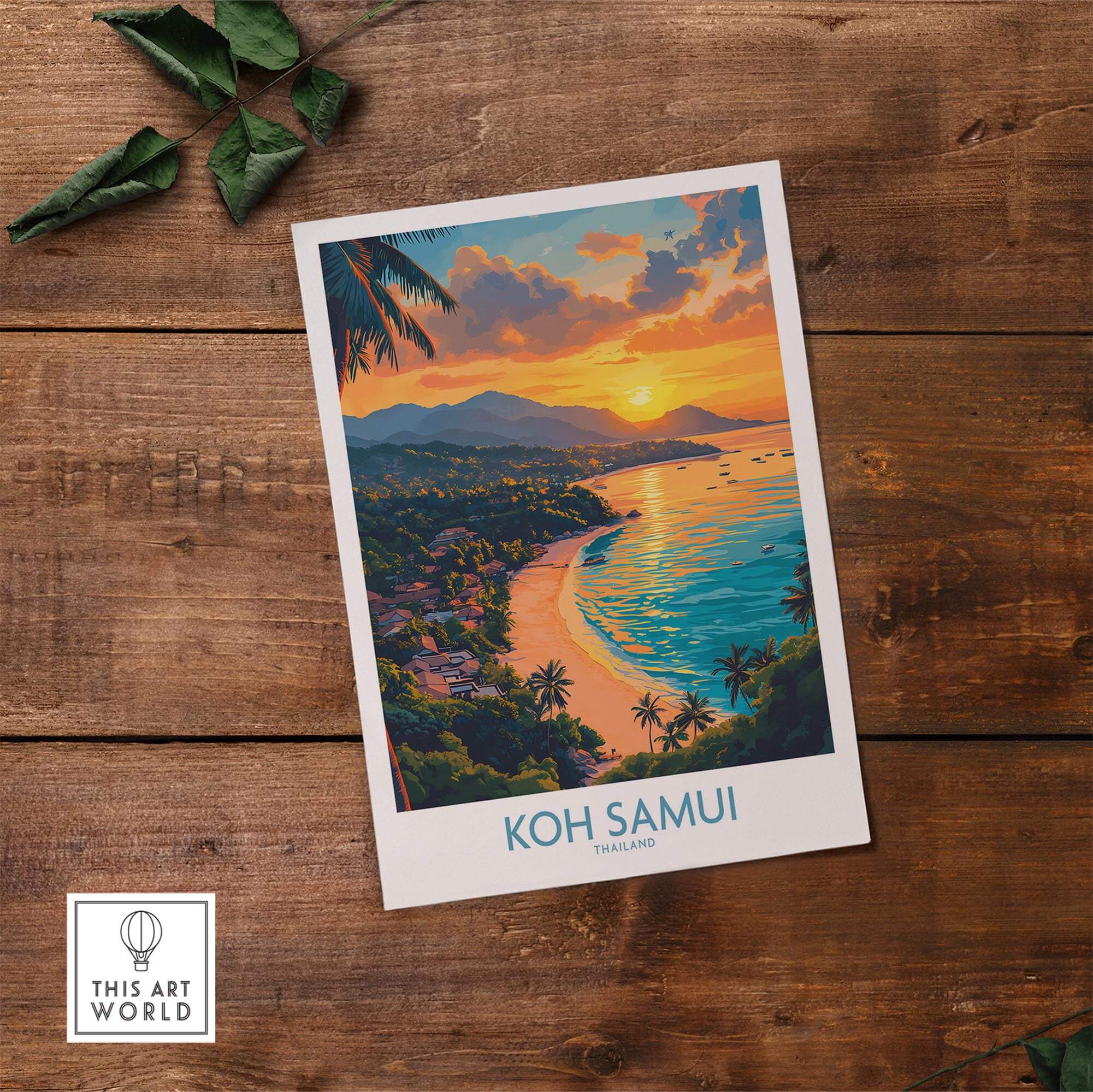 Koh Samui Poster showcasing a vibrant sunset over the tropical beach, perfect for home or office decor.