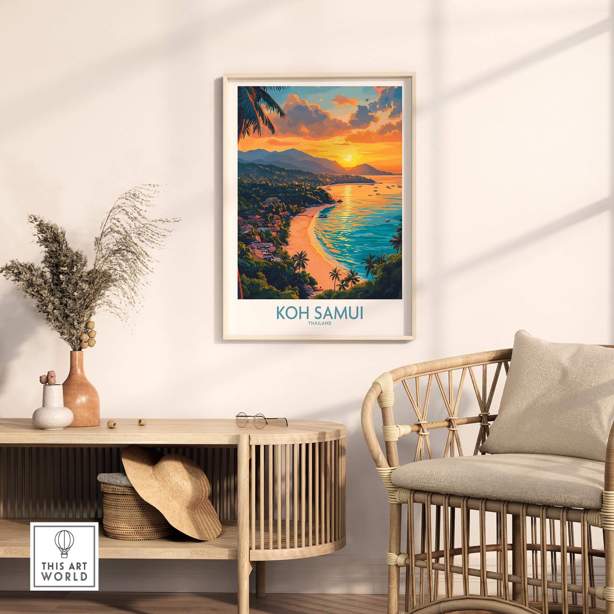 Koh Samui Poster showcasing a vibrant sunset over the beach, perfect for wall art decor.