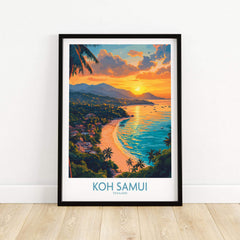 Koh Samui Poster featuring vibrant sunset over tropical beach in Thailand, perfect for home or office decor.