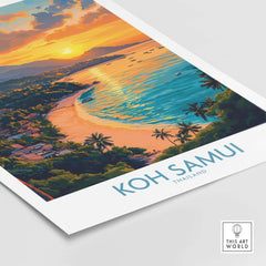 Koh Samui Poster featuring vibrant sunset over tropical beach in Thailand, perfect for home or office decor.