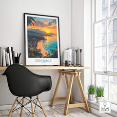 Koh Samui Poster showcasing vibrant tropical scenery in a stylish home office setting, perfect wall art for travel lovers.