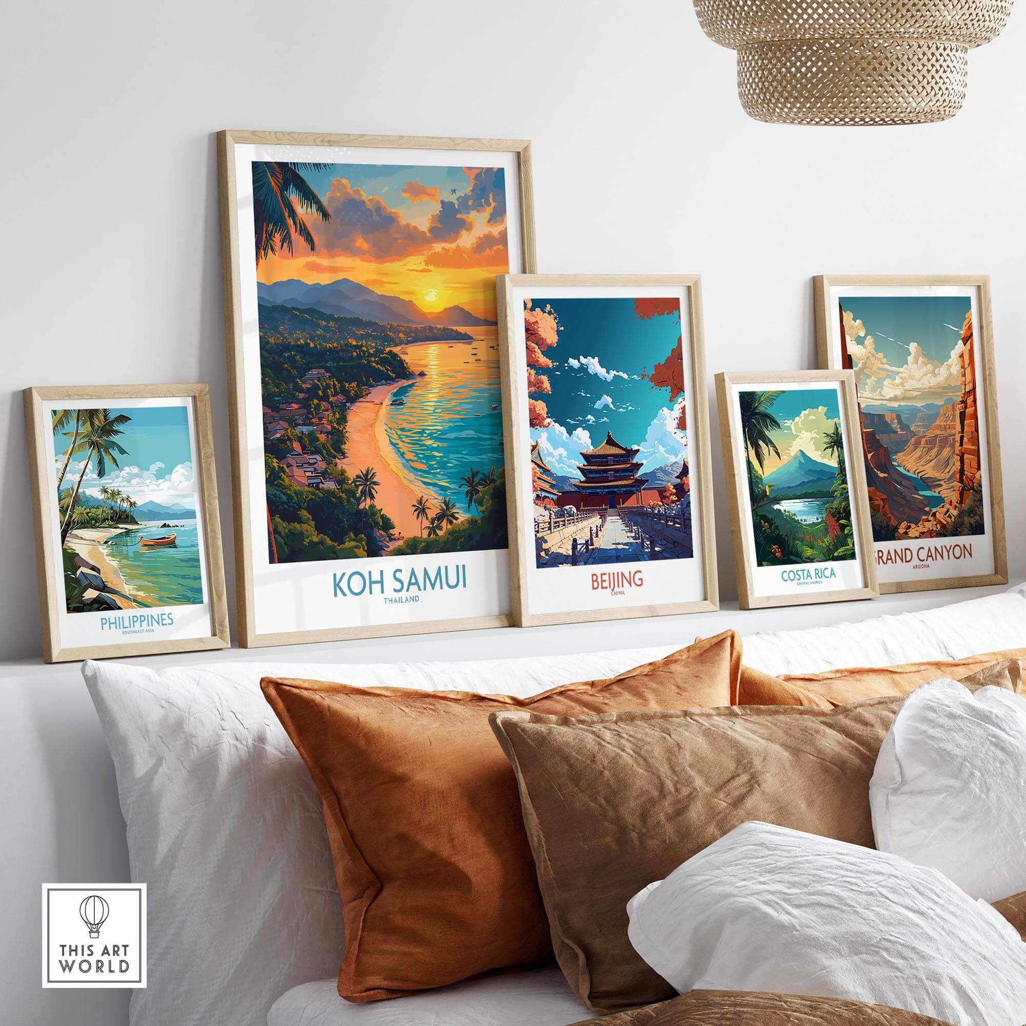 Koh Samui Poster displayed among other travel-themed posters, highlighting vibrant tropical scenery and artistic design.