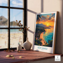 Koh Samui Poster showcasing vibrant tropical scenery with beach and sunset, perfect for home decor and wanderlust inspiration.