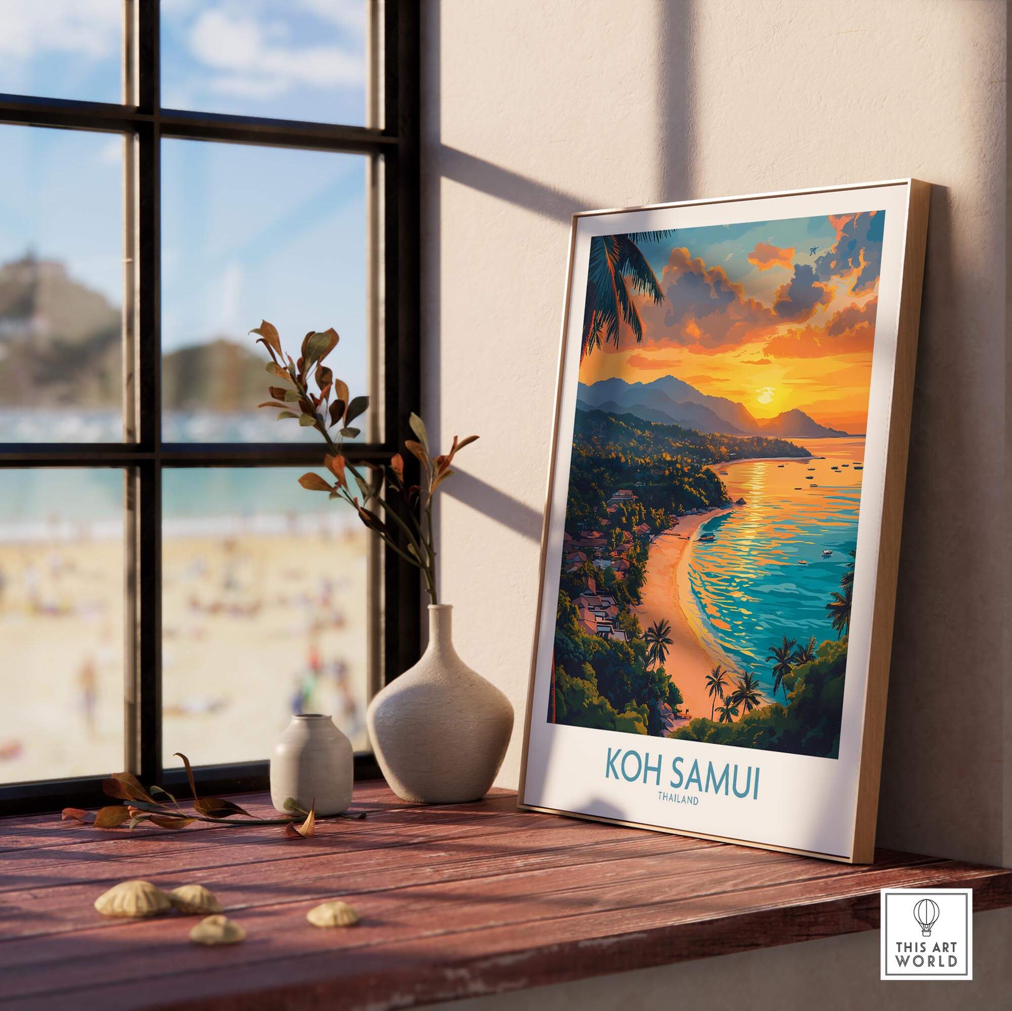 Koh Samui Poster showcasing vibrant tropical scenery with beach and sunset, perfect for home decor and wanderlust inspiration.