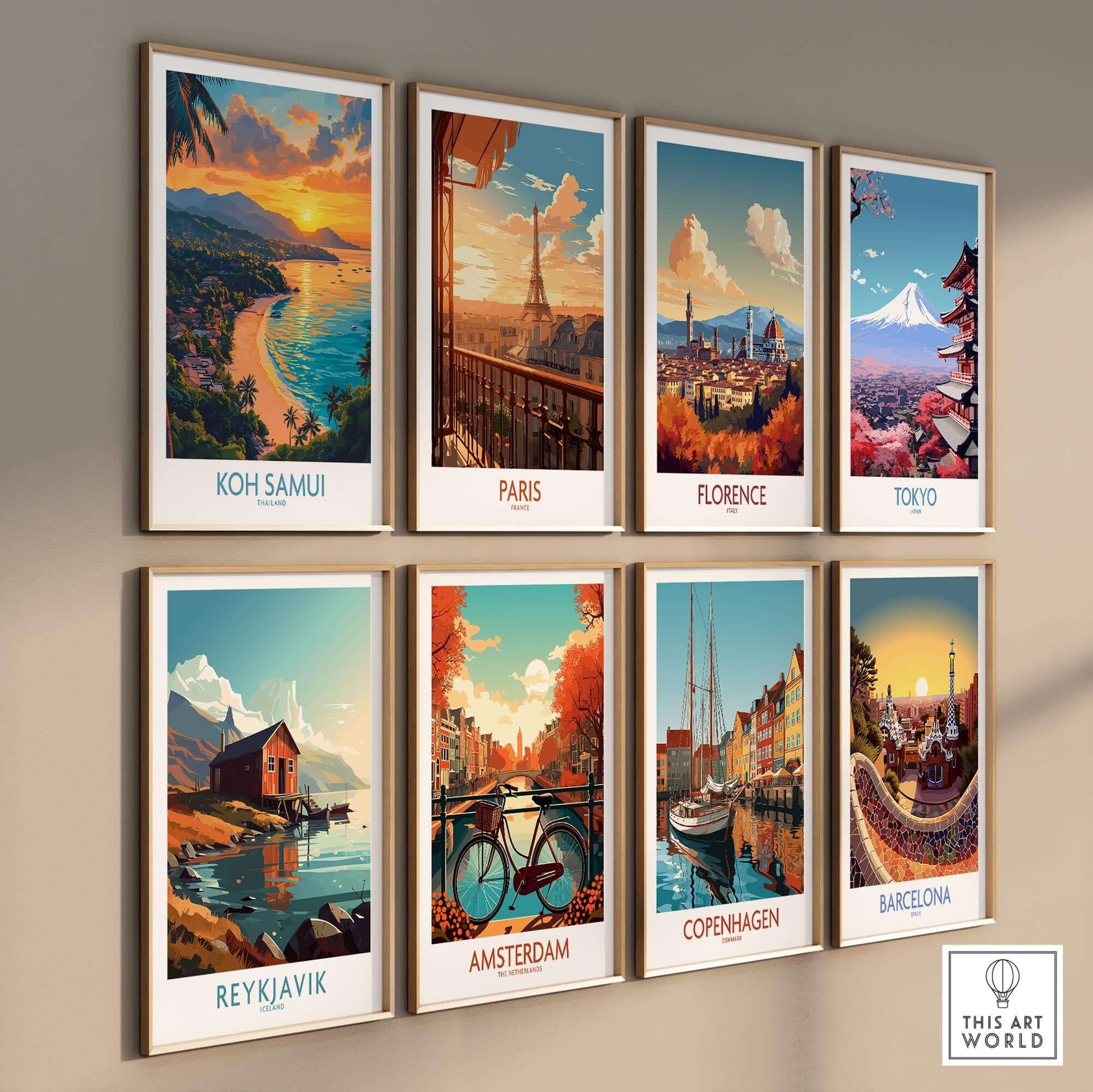 Koh Samui Poster displayed among other vibrant city posters, showcasing beautiful scenery and inspiring wanderlust.
