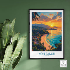 Koh Samui Poster featuring vibrant sunset over tropical beach, perfect wall art for home decor.