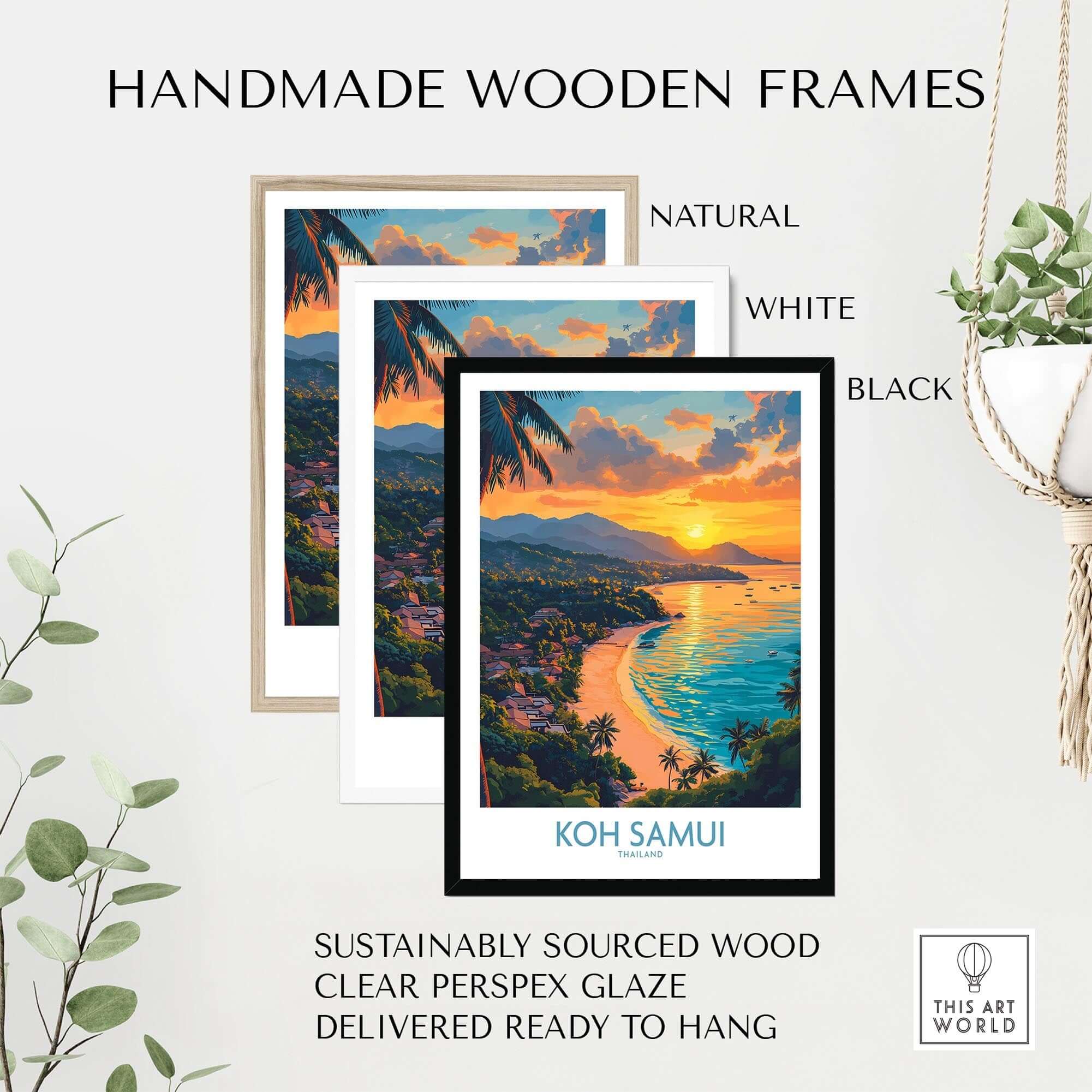 Koh Samui Poster displayed in handmade wooden frames in natural, white, and black colors with sustainable features.