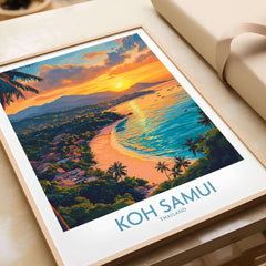 Koh Samui Poster featuring vibrant sunset over a tropical beach in Thailand, perfect for home or office decor.