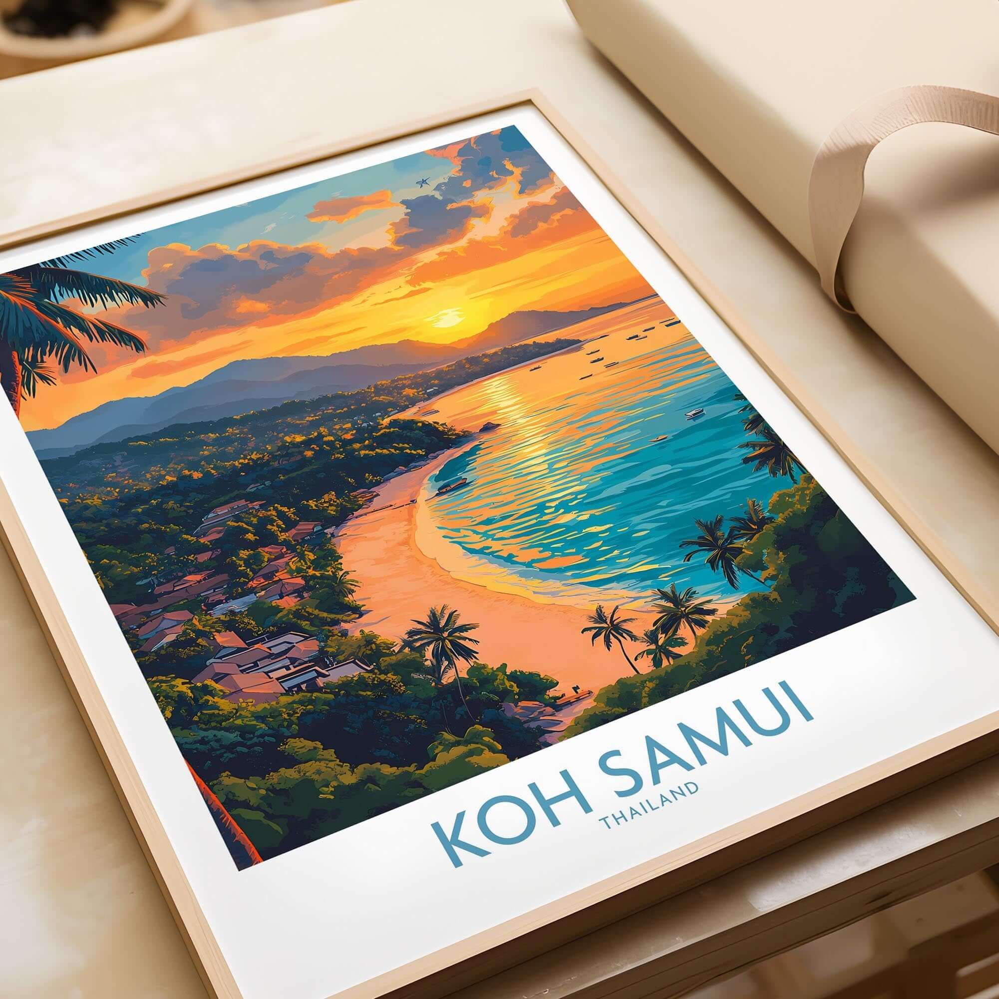 Koh Samui Poster featuring vibrant sunset over a tropical beach in Thailand, perfect for home or office decor.