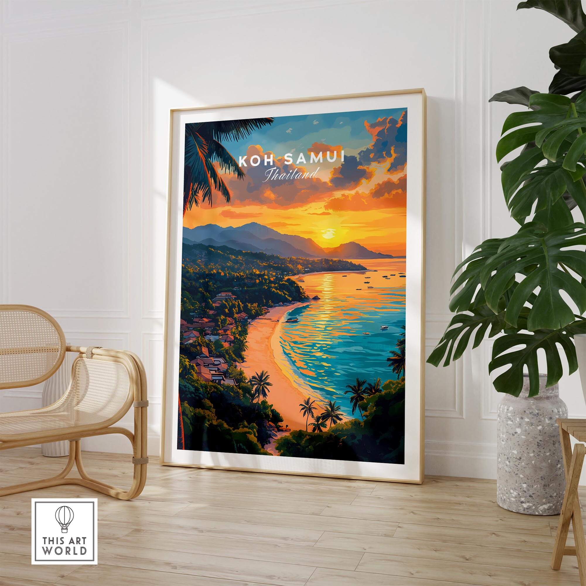 Stunning Koh Samui Print showcasing vibrant sunset over tropical beach, perfect for home decor.