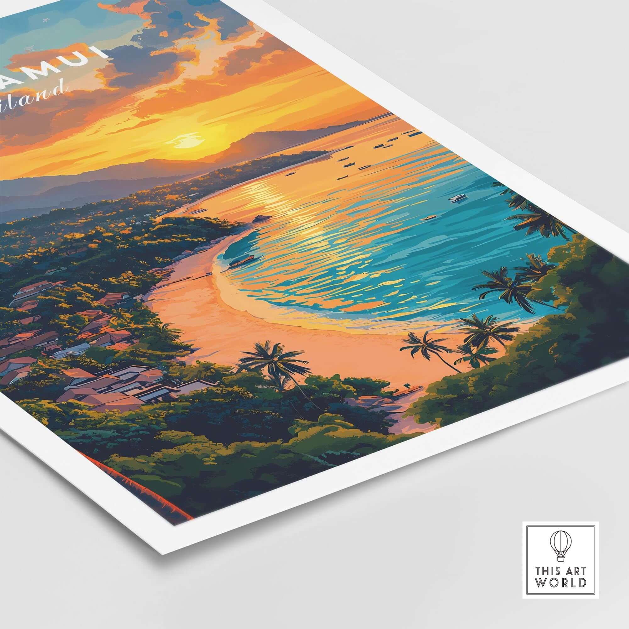 Koh Samui Print featuring a vibrant beach scene at sunset with tropical colors and palm trees.