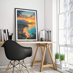Koh Samui Print displayed in a modern workspace, illustrating vibrant sunset over Koh Samui's coastline, Thailand Wall Art.