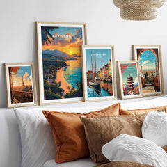 Beautiful Koh Samui Print displayed among other city prints on a stylish bed, enhancing home decor with tropical vibes.