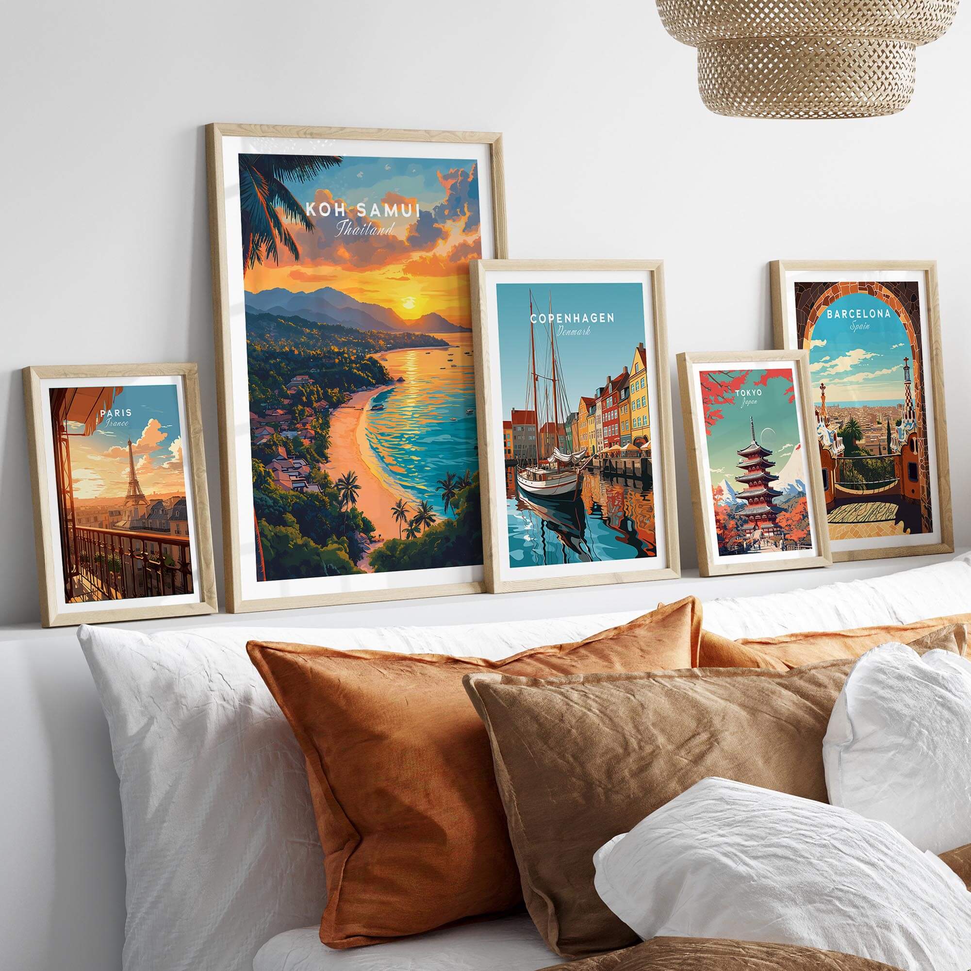 Beautiful Koh Samui Print displayed among other city prints on a stylish bed, enhancing home decor with tropical vibes.