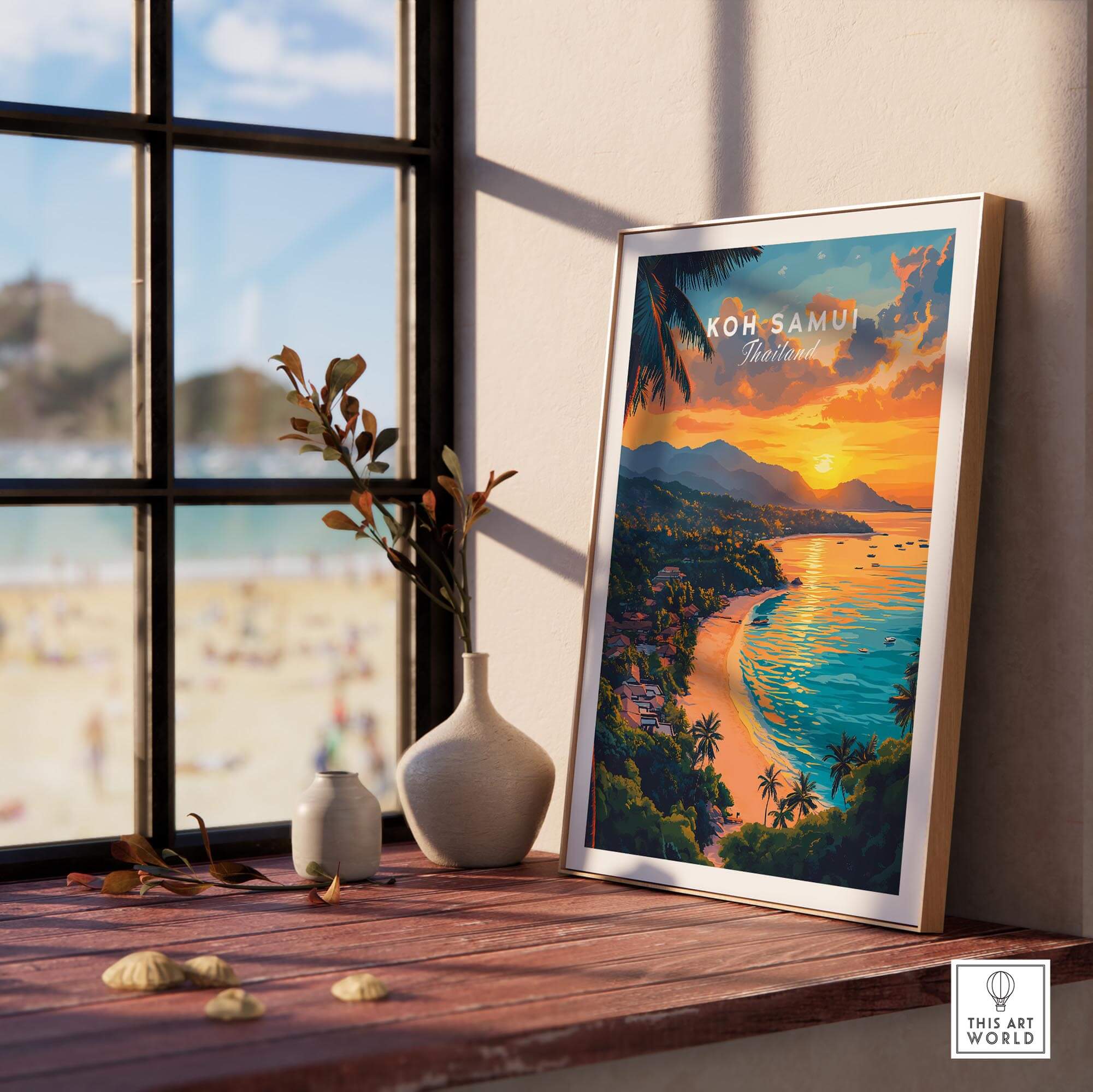 Koh Samui Print showcasing stunning coastal view with palm trees and sunset, perfect for home decor and Thailand wall art.