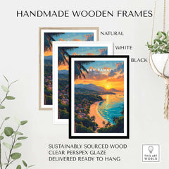 Koh Samui Print displayed in handmade wooden frames in natural, white, and black colors, adding elegance to home decor.