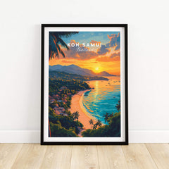 Koh Samui Print showcasing a tropical paradise with sunset and beach in vibrant colors, perfect wall art for home decor.