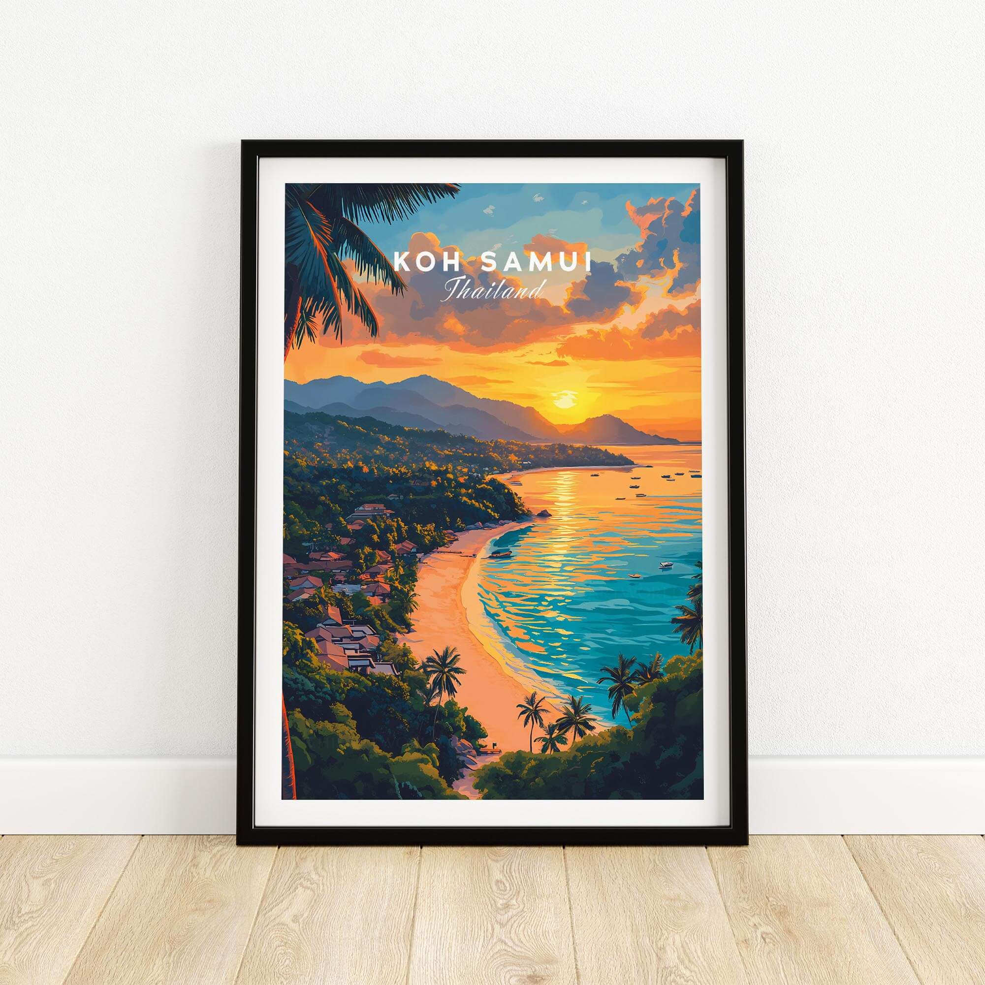 Koh Samui Print showcasing a tropical paradise with sunset and beach in vibrant colors, perfect wall art for home decor.