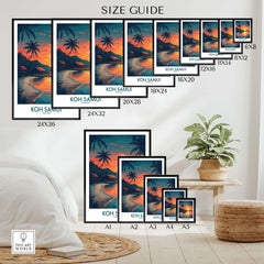 Koh Samui Thailand Print size guide showing various framed options for the stunning beach sunset wall art.
