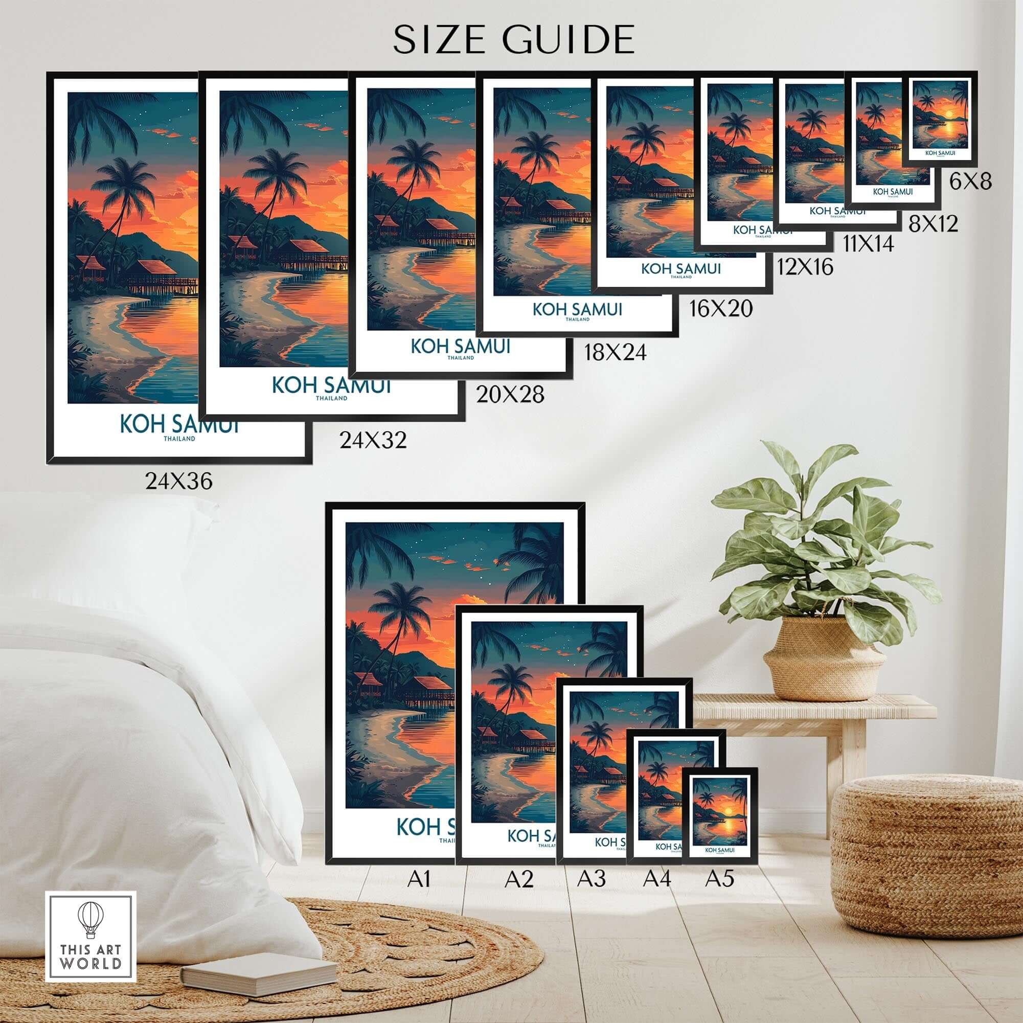 Koh Samui Thailand Print size guide showing various framed options for the stunning beach sunset wall art.