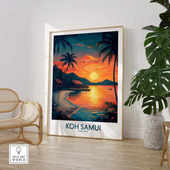 Koh Samui Thailand Print showcasing a vibrant sunset and tropical beach scene, perfect for home wall art decoration.