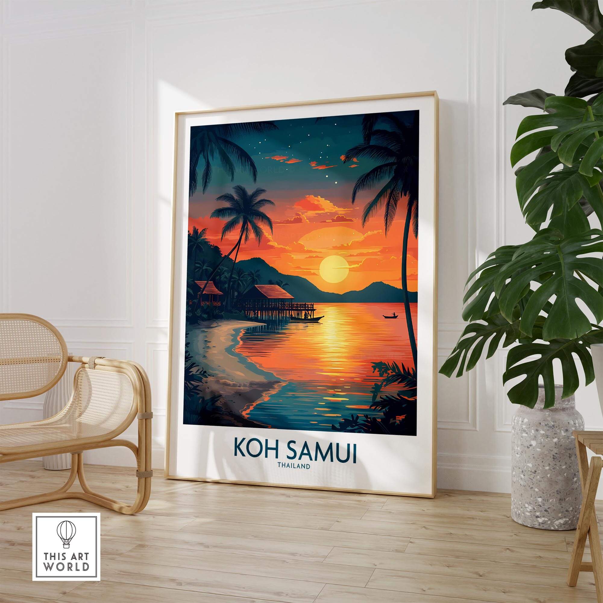 Koh Samui Thailand Print showcasing a vibrant sunset and tropical beach scene, perfect for home wall art decoration.