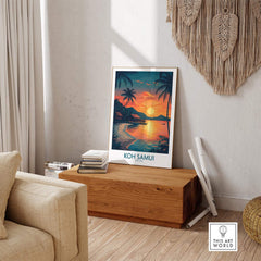 Koh Samui Thailand Print featuring a stunning beach sunset, vibrant colors, and tropical elements in a cozy home setting.