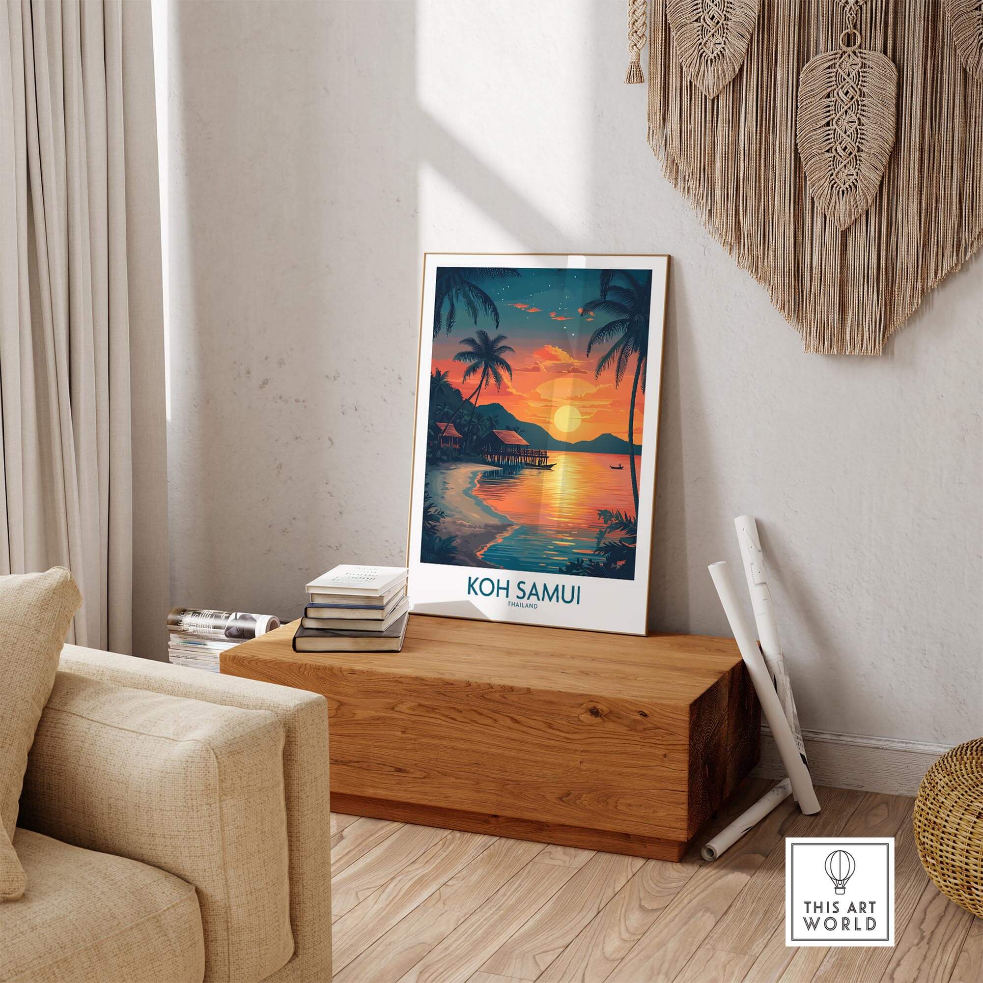 Koh Samui Thailand Print featuring a stunning beach sunset, vibrant colors, and tropical elements in a cozy home setting.