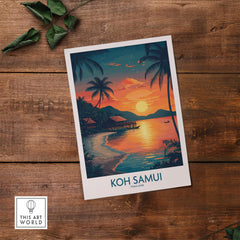 Koh Samui Thailand Print featuring a vibrant sunset over palm trees and tranquil waters, ideal for wall art decor.