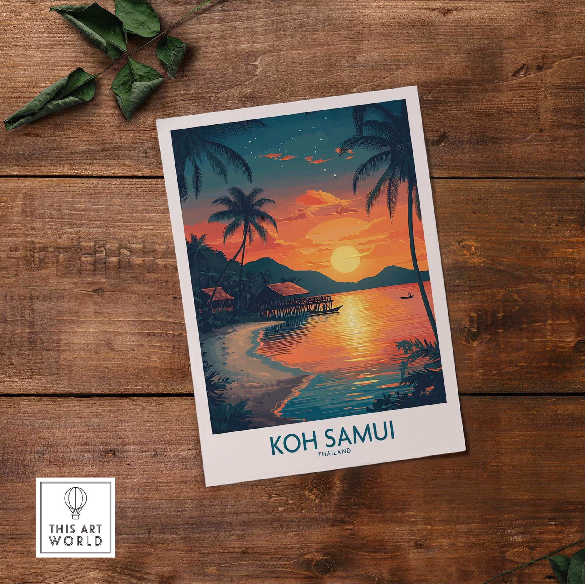Koh Samui Thailand Print featuring a vibrant sunset over palm trees and tranquil waters, ideal for wall art decor.