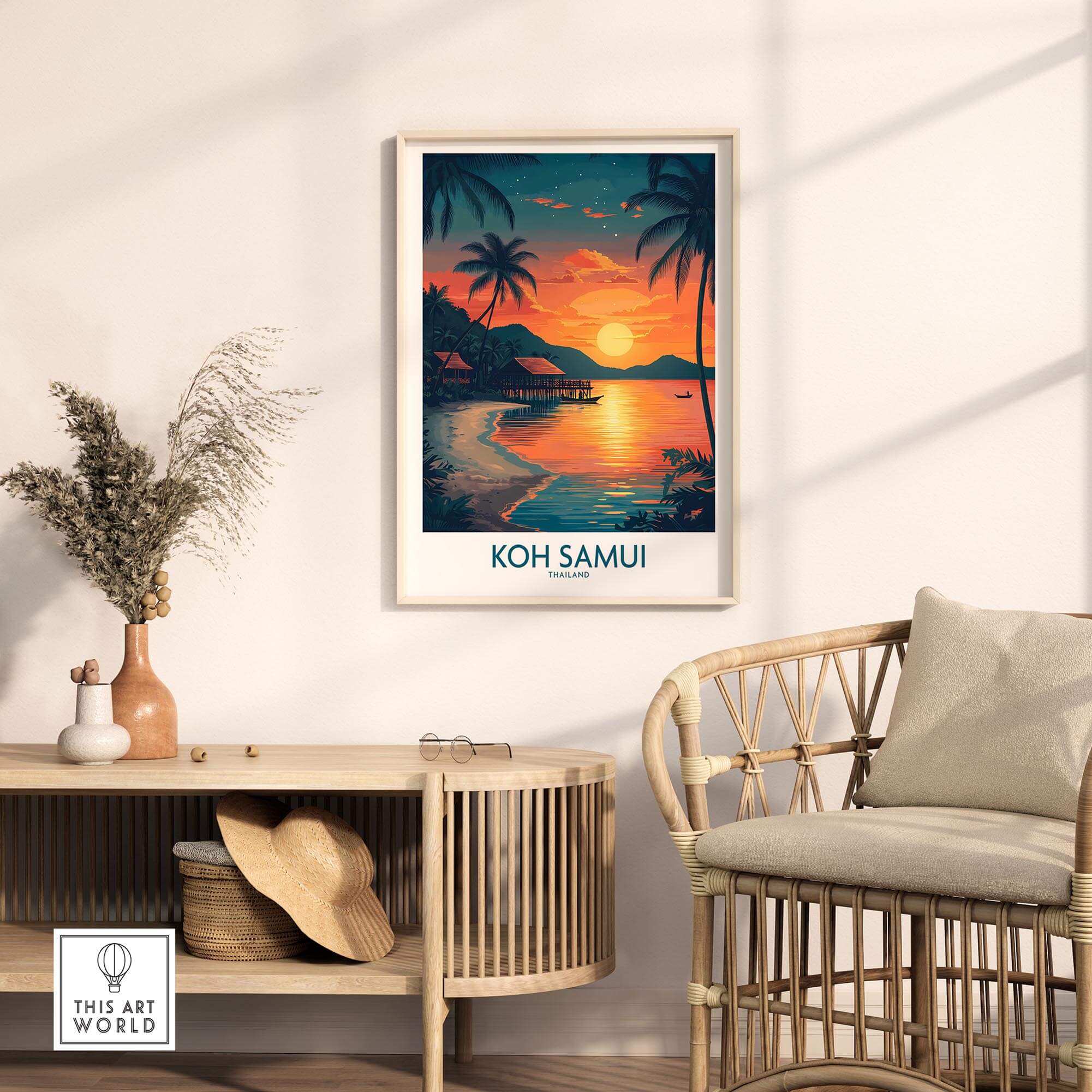 Koh Samui Thailand Print featuring a vibrant sunset over a beach scene, perfect wall art for home decor.
