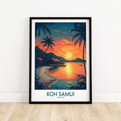 Koh Samui Thailand Print showcasing a vibrant sunset with palm trees and beach reflections in a stylish frame.
