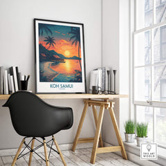 Koh Samui Thailand Print showcasing a vibrant sunset and tropical scene in a stylish home office setting.