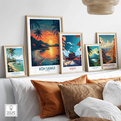 Koh Samui Thailand Print showcasing a vibrant beach sunset among framed wall art posters.