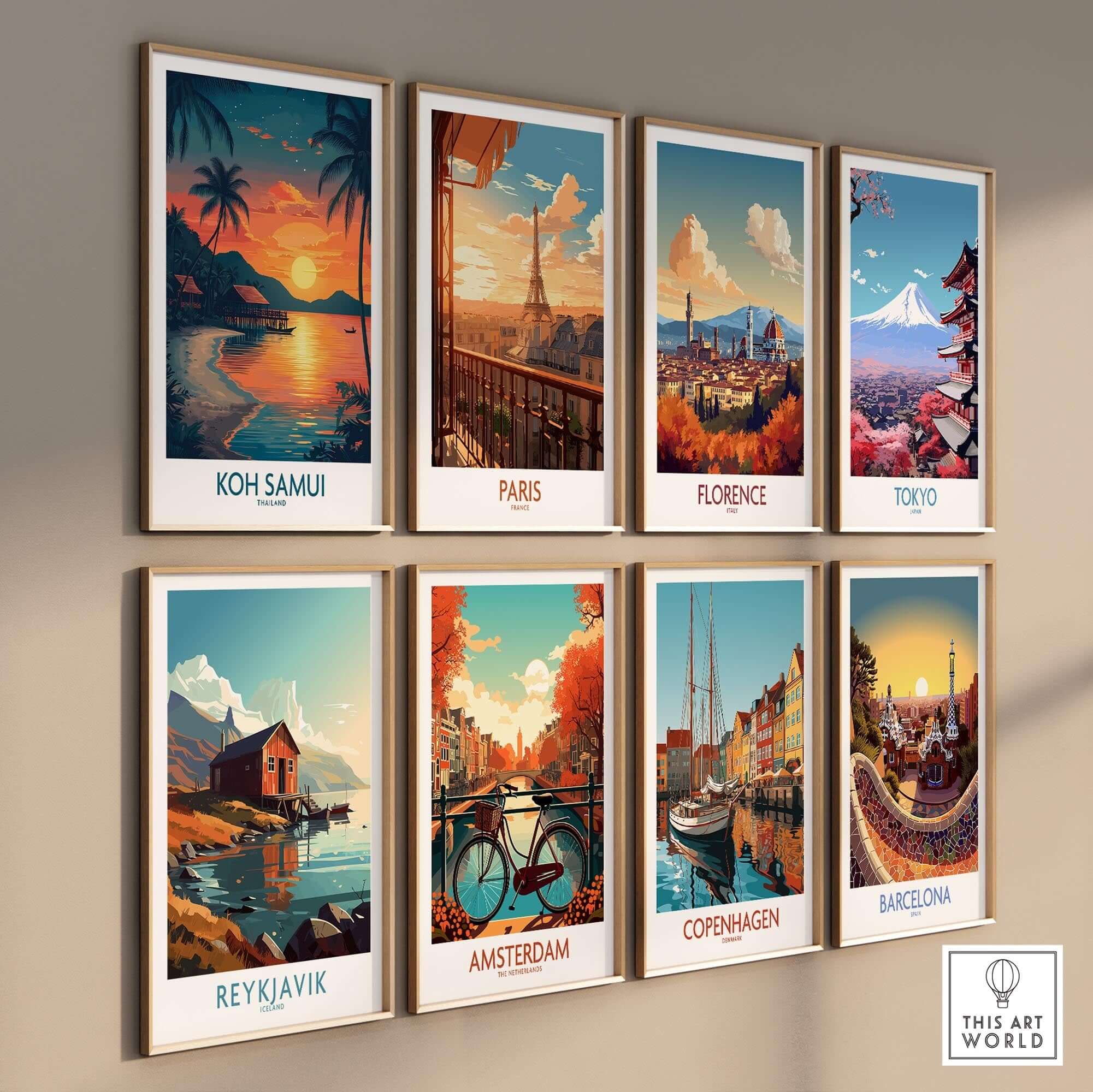 Koh Samui Thailand Print featuring a vibrant sunset beach scene on a wall with other city prints.