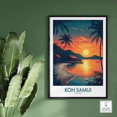Koh Samui Thailand Print featuring a vibrant sunset and tropical beach scene wall art.