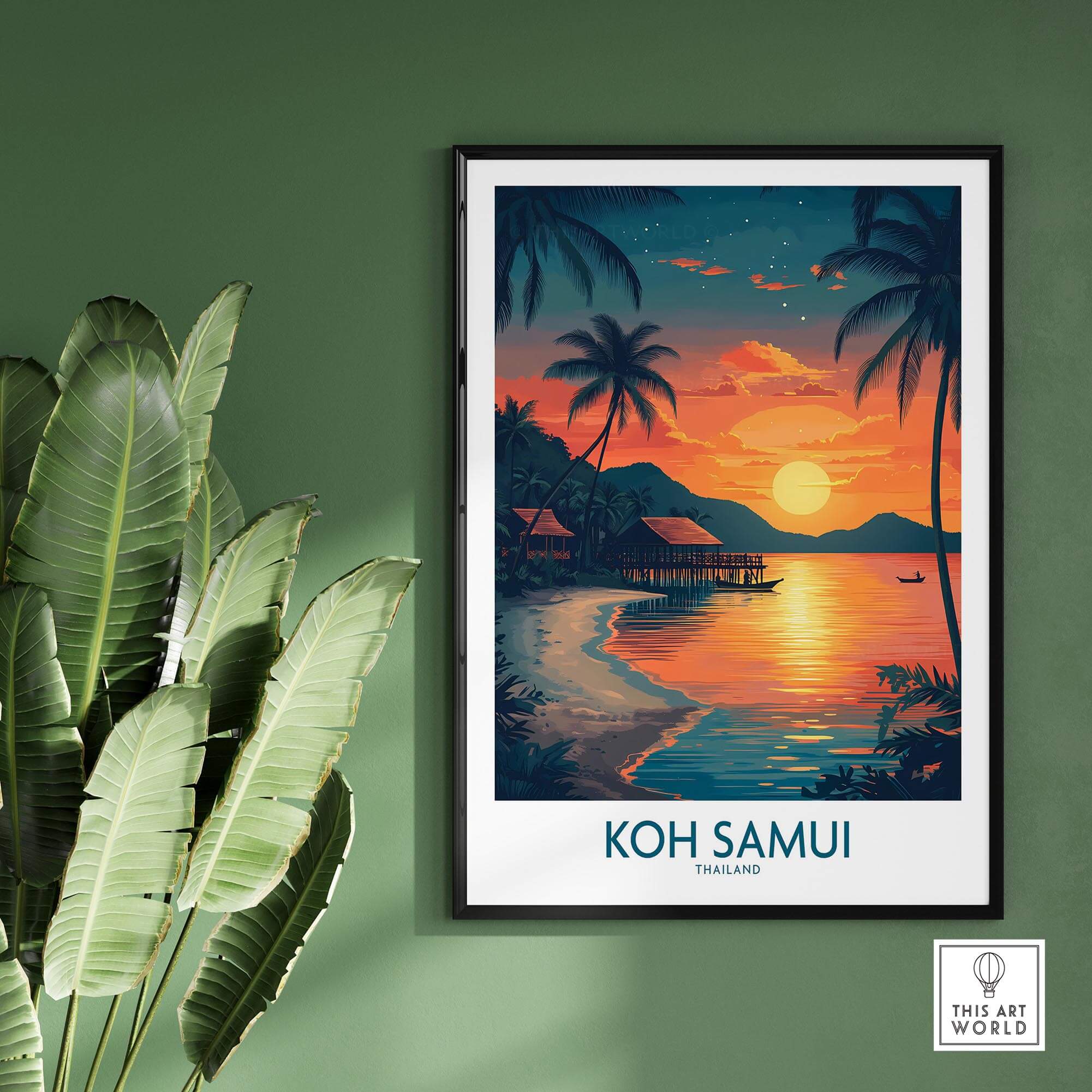 Koh Samui Thailand Print featuring a vibrant sunset and tropical beach scene wall art.