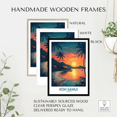 Koh Samui Thailand Print featuring handmade wooden frames in natural, white, and black; ideal wall art decor.