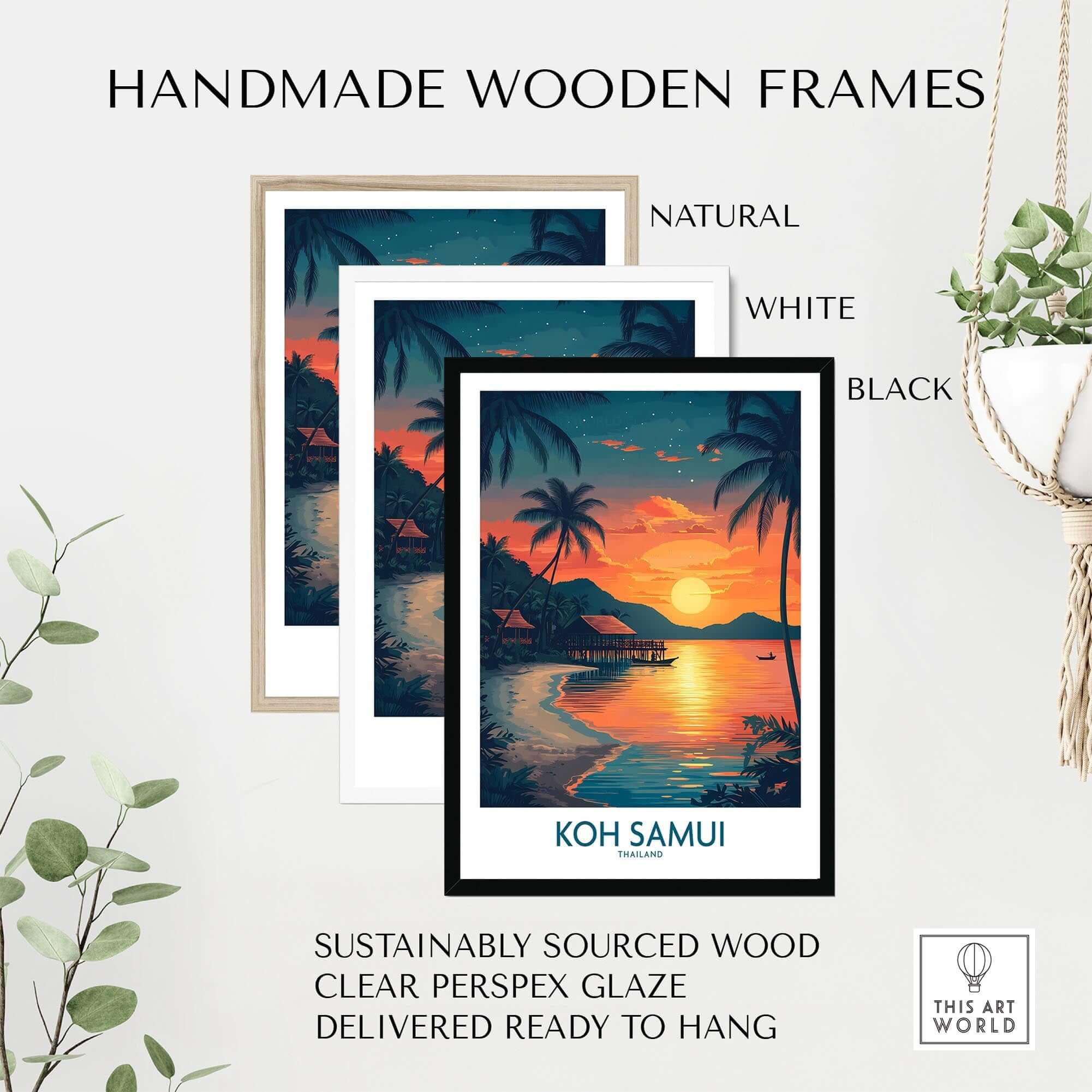 Koh Samui Thailand Print featuring handmade wooden frames in natural, white, and black; ideal wall art decor.