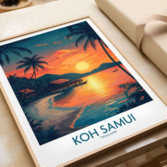 Koh Samui Thailand Print featuring a vibrant sunset over the beach with palm trees, perfect for wall art decor.