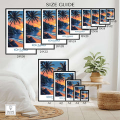 Koh Samui Thailand Travel Poster size guide with various frame sizes and a tropical decor setting.