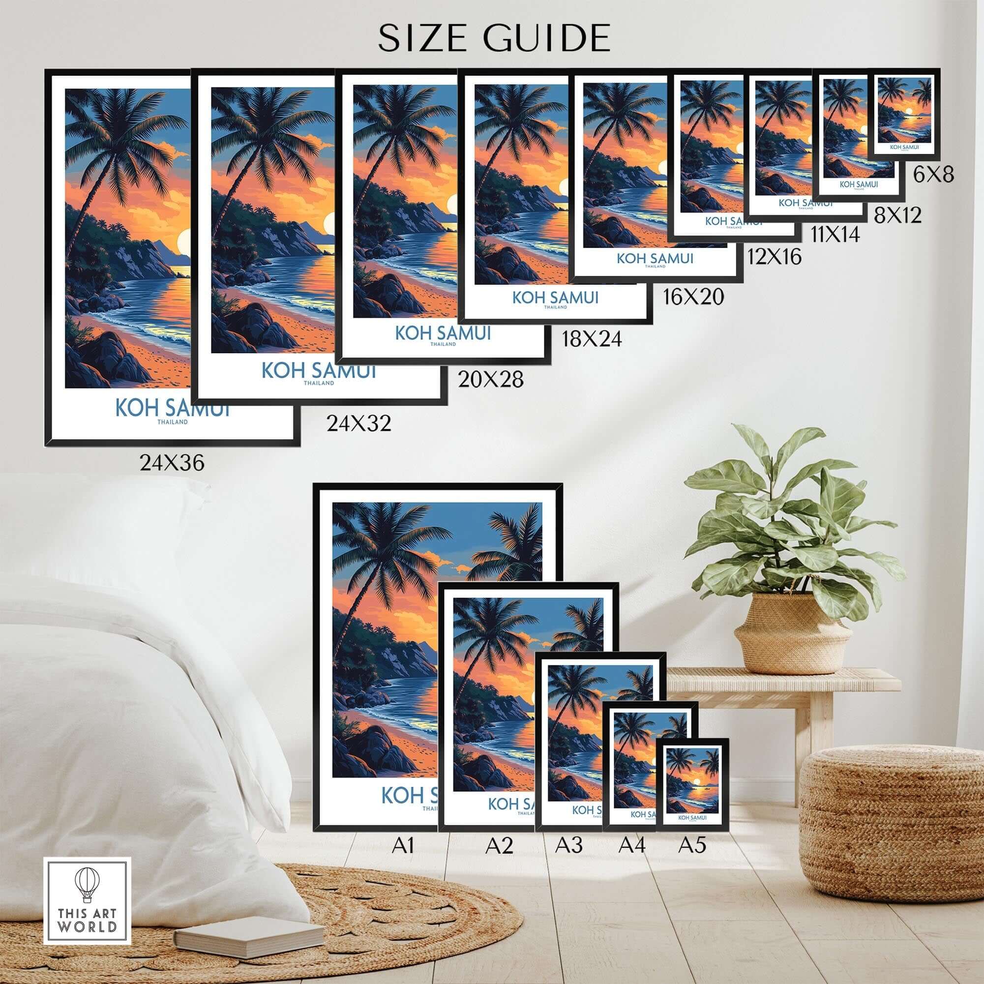 Koh Samui Thailand Travel Poster size guide with various frame sizes and a tropical decor setting.
