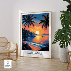 Koh Samui Thailand Travel Poster featuring a vibrant sunset beach scene with palm trees and tranquil waters.