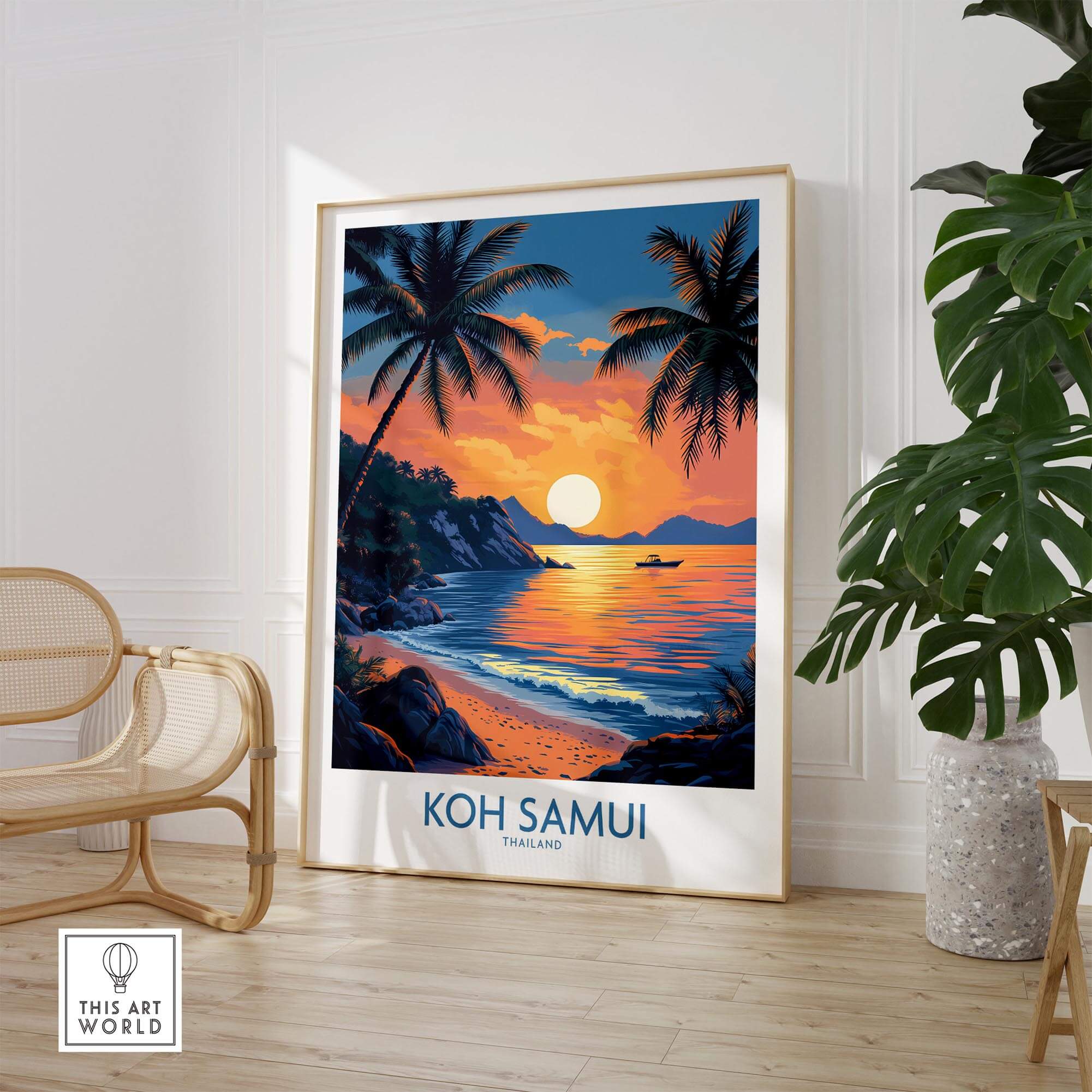 Koh Samui Thailand Travel Poster featuring a vibrant sunset beach scene with palm trees and tranquil waters.