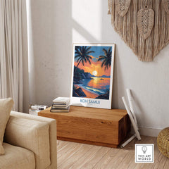 Koh Samui Thailand Travel Poster showcasing a vibrant sunset over the beach with palm trees, perfect wall art for travel lovers.