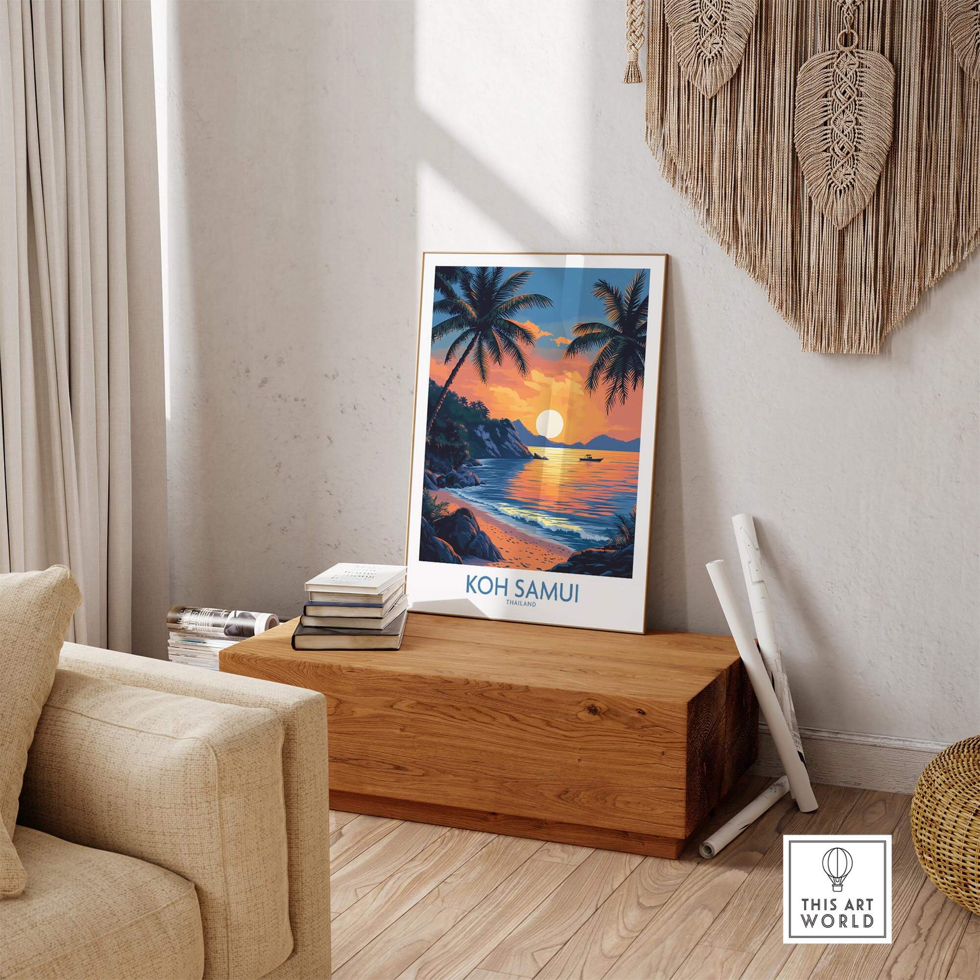 Koh Samui Thailand Travel Poster showcasing a vibrant sunset over the beach with palm trees, perfect wall art for travel lovers.